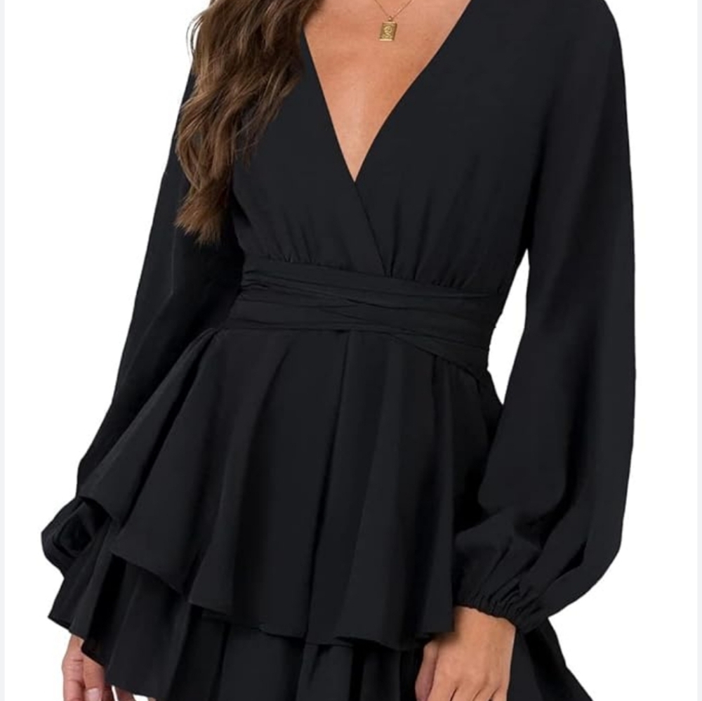 Romantic Vneck High Waist Mini dress tiered Skirt black XL